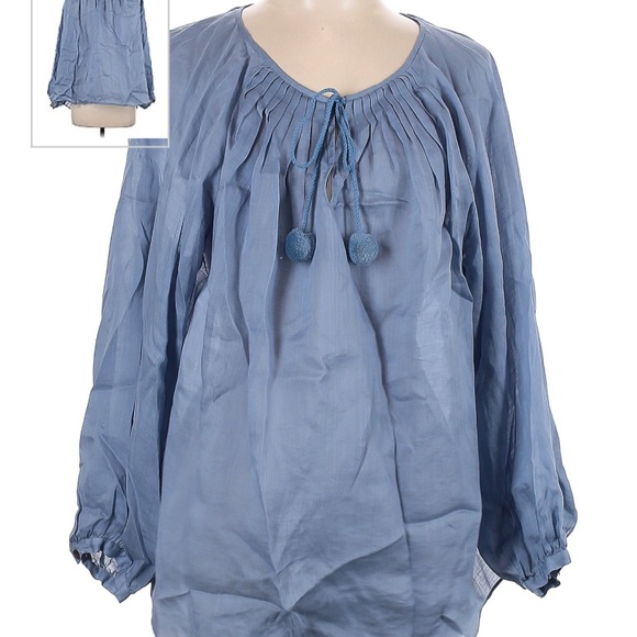 Lafayette 148 Chambray Lightweight Split Neck Blouse with Pom Pom Tassels Blue - Picture 2 of 6